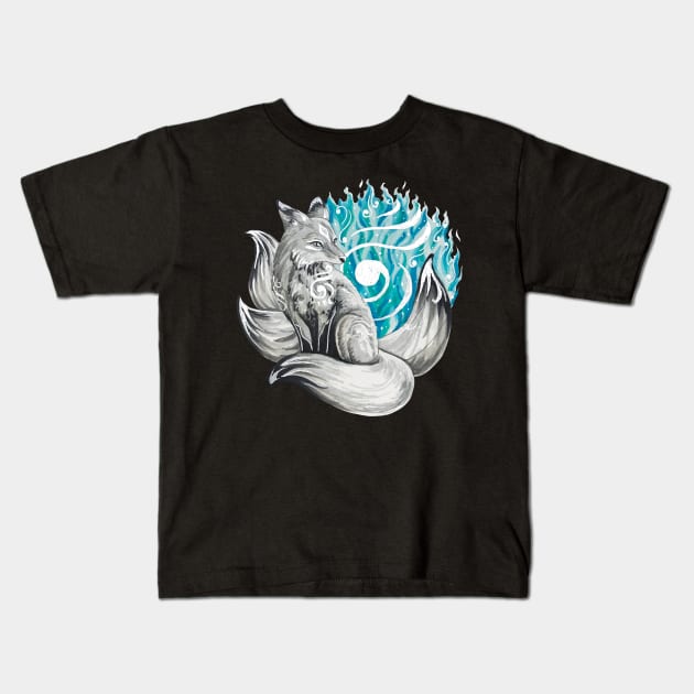 Silver Kitsune with Aqua Foxfire Kids T-Shirt by Lady Lilac